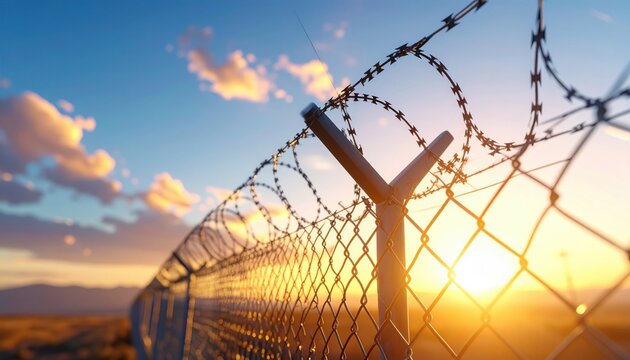 A professional camera shot of bright chain-link fencing with razor wire crowning its apex, creating a stark barrier at sunset.