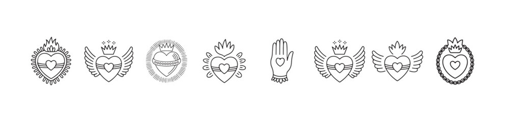 Obraz premium Catholic sacred heart symbols bundle with flames crowns and wings linear style minimalist sketches