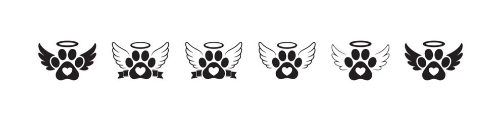 Fototapeta premium Pet memorial paw print with angel wings and halo set black silhouette animals bereavement graphics