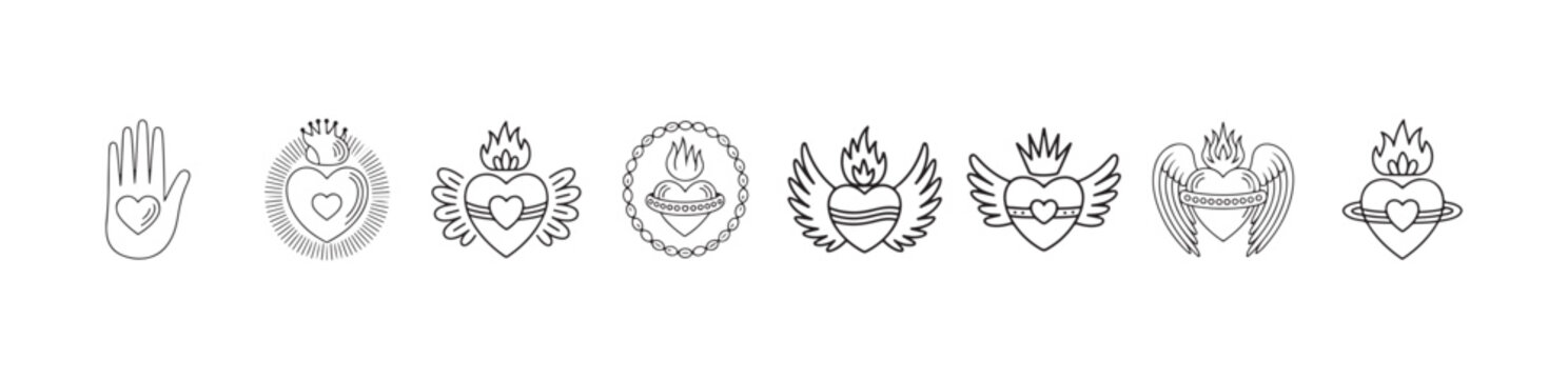 Sacred heart of jesus collection with flame crown and wings hand drawn vintage religious ornaments