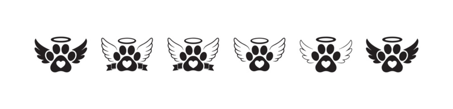 Pet memorial paw print with angel wings and halo set black silhouette animals bereavement graphics