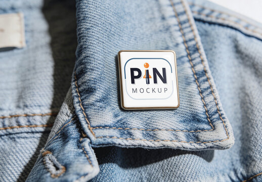 Square Pin Badge Mockup On Denim Jacket