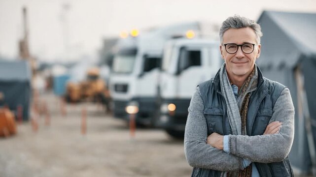 Confident Professional with Trucks: A seasoned professional, radiating confidence, stands amidst a fleet of trucks, exuding competence and experience in the transport industry. 