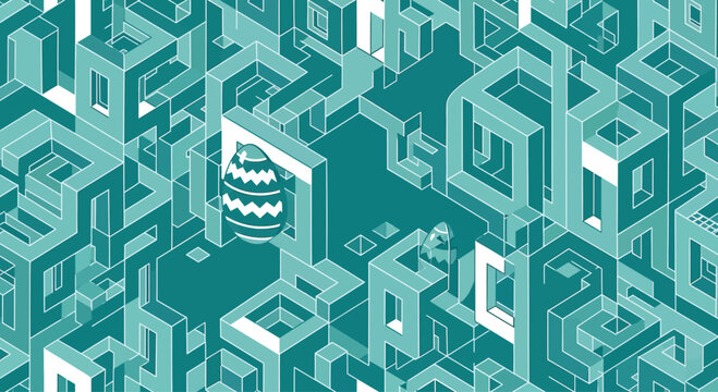 Isometric seamless background with teal geometric labyrinth and hidden easter eggs on a transparent grid
