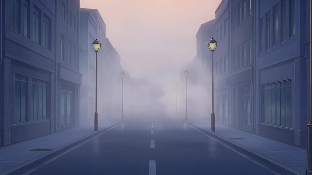 Misty Anime Street at Dawn with Lamp Posts