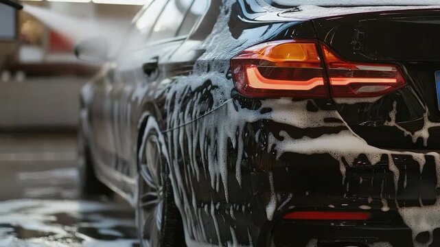 A black car is being washed with foamy soap, close-up of the rear and a tail light
