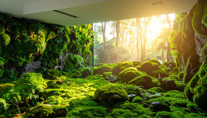 Eco-friendly architectural design featuring a living plant wall in a bright hallway
