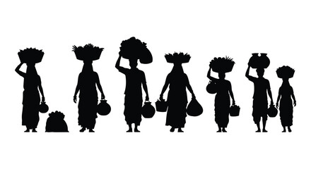 A line of african women carrying water jugs on their heads depicted in a striking black silhouette © Komla02