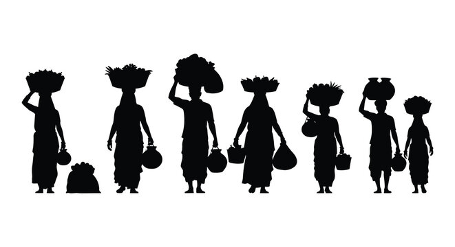A line of african women carrying water jugs on their heads depicted in a striking black silhouette