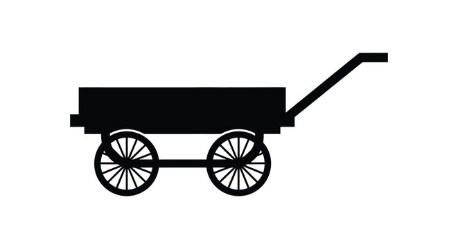 A stark black silhouette depicts a vintage horse drawn wagon with spoked wheels against a white backdrop silhouette