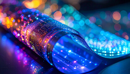 Advanced microchip technology on a bendable substrate with futuristic light effects