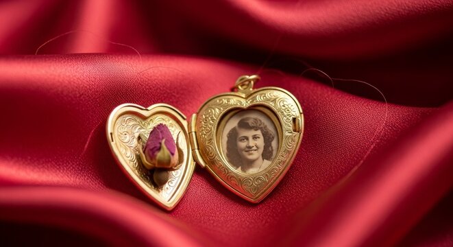 Gold heart shaped locket with photo and rose on red satin fabric