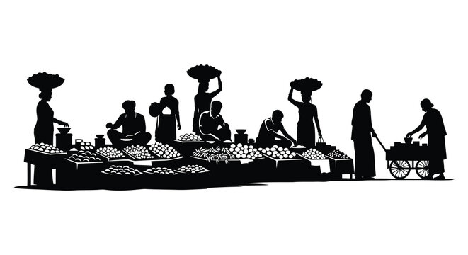 A bustling african market scene is depicted with figures carrying goods and trading presented as a silhouette