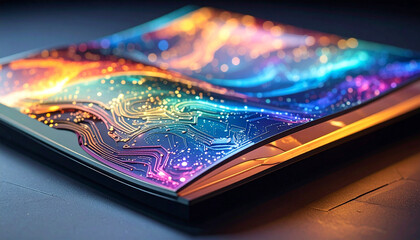 Advanced microchip technology on a bendable substrate with futuristic light effects