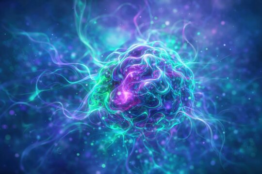 Abstract glowing energy sphere with fluid neon waves and luminous particles. Futuristic plasma orb floating in deep space atmosphere, vibrant sci fi digital art background.