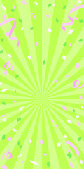 明るい黄緑色の集中線の背景、緑にピンクの紙吹雪が散る春らしい背景イラスト