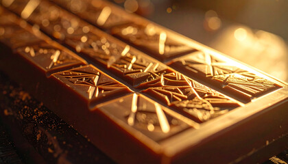Luxury artisanal chocolate bar shimmering in warm golden sunset light