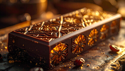 Luxury artisanal chocolate bar shimmering in warm golden sunset light