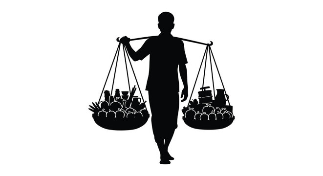 A striking black silhouette depicts a person carrying balanced loads on a yoke representing trade and labor silhouette