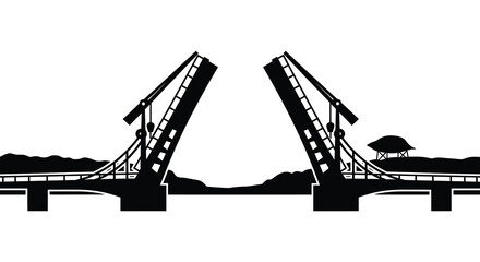 A striking black and white illustration depicts an open bascule bridge over water showcasing a distinct silhouette © Komla02