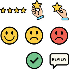 Obraz premium Customer Review and Rating Icon Set with Stars and Emoticons, Flat Vector Illustration