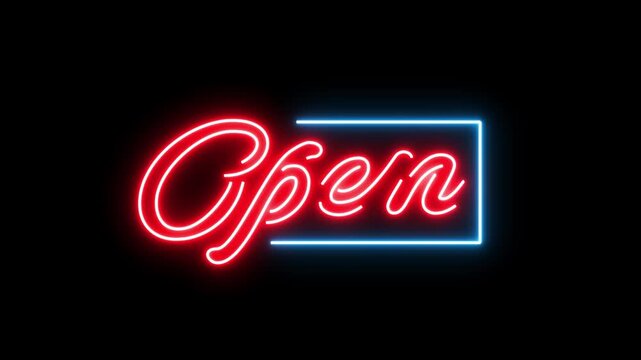 We're Open Neon Sign on black Background Seamless Looping 4k animation of a neon open sign blinking for night storefront, restaurant, motel and night business