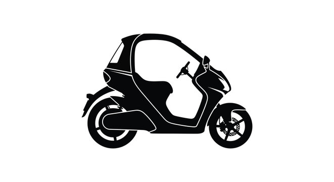 A black silhouette of a three wheeled vehicle resembling a small car or covered scooter silhouette high quality professional