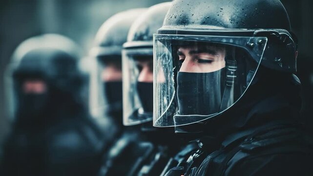 A line of individuals in riot gear, focused on the first, revealing eyes. Toned blue