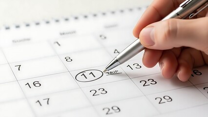 A closeup of a man using a pen to write a reminder on a business calendar page as he manages his office schedule and plans an important appointment date