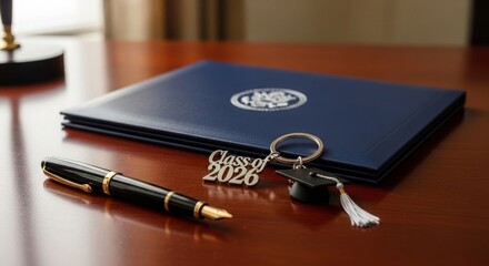 Class of 2026 graduation keychain and pen on wooden desk with diploma