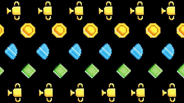 Seamless digital pattern concept with vibrant game assets, including golden coins, trophy, blue arcs, and green diamonds, perfect for engaging backgrounds and user interface designs