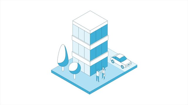  Isometric office building with trees, car and people. Architecture with thin line business metaphor concept. Modern city development.