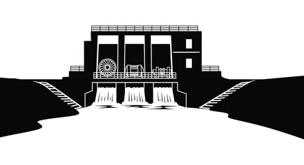A striking black and white illustration depicts a dam structure with flowing water presented as a bold silhouette © Komla02