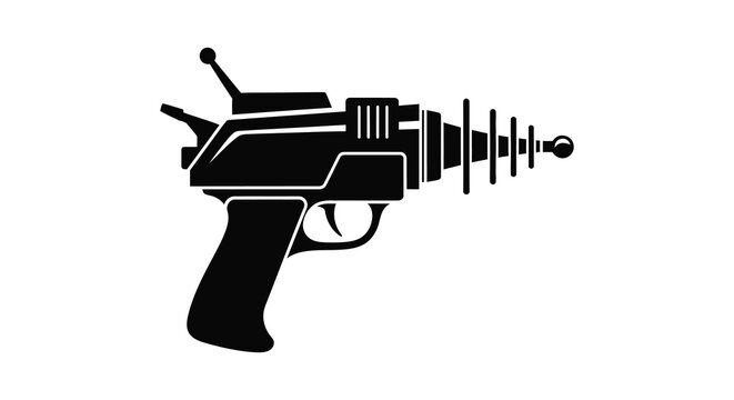 A striking black silhouette of a vintage ray gun evoking classic science fiction imagery and design silhouette