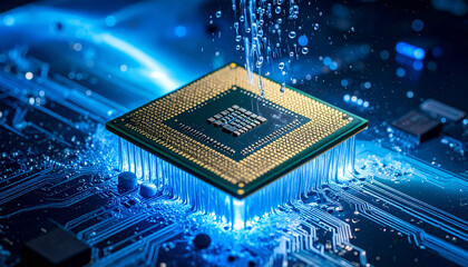 Futuristic microchip processor glowing with blue light on a digital circuit board