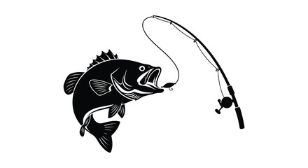 A striking black silhouette depicts a largemouth bass caught on a fishing line and rod silhouette high quality © Komla02