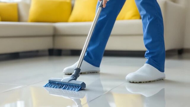 A person in blue scrubs is using a cleaning tool on a shiny tiled floor
