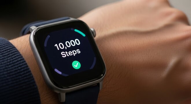Smartwatch on wrist showing 10000 steps achievement with green checkmark on screen