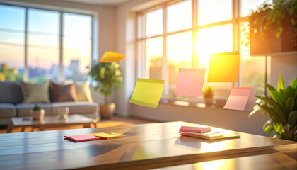 Colorful sticky notes floating in the air in a bright modern home office