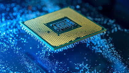 Futuristic microchip processor glowing with blue light on a digital circuit board