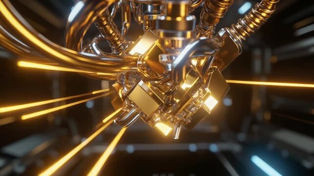 Glowing Golden Quantum Computer Core Pulsing With Fiber Optic Data Streams