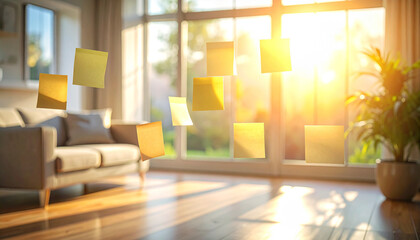 Colorful sticky notes floating in the air in a bright modern home office