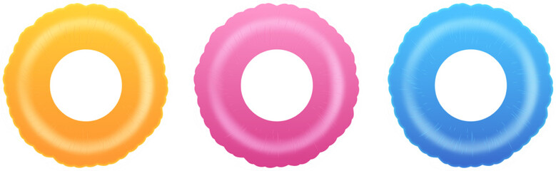 3D Inflatable swimming ring in yellow, pink and blue icon set. Inflatable pool float. Fun on the beach. Vector illustration isolated on white background. © King Designz
