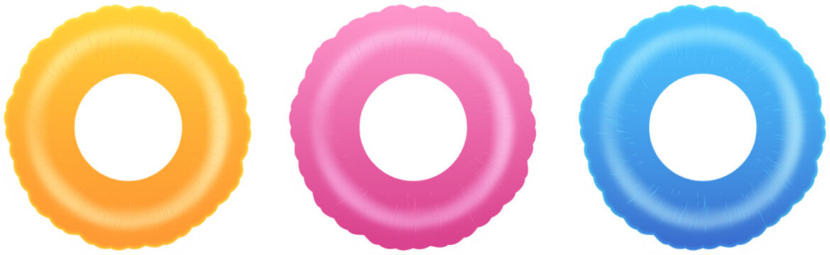 3D Inflatable swimming ring in yellow, pink and blue icon set. Inflatable pool float. Fun on the beach. Vector illustration isolated on white background.