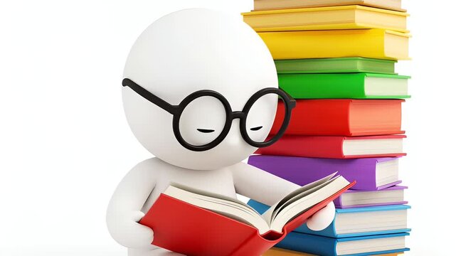 A charming white 3D figure wearing glasses is deeply engrossed in a red book, sitting beside a tall, vibrant rainbow stack of textbooks on a clean white background.