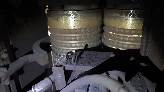 Molten metal pours into molds while glowing steel billets travel along automated conveyor systems and through heavy rolling machinery within a dark industrial manufacturing facility with intense heat