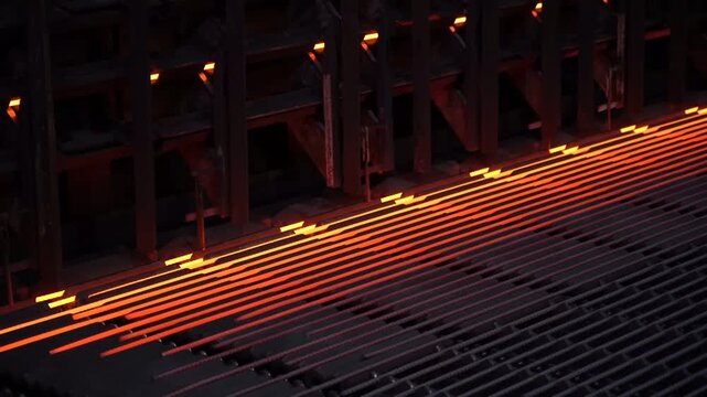 Hot glowing steel rods move along a cooling bed in a modern metal production facility before being bundled as finished rebar for construction projects and structural engineering applications.