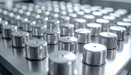 FlyPro Firefly Silver Metallic Stoppers With Precision Seals Arranged on Sterile Tray, Realistic Photography sha_78ce81_1