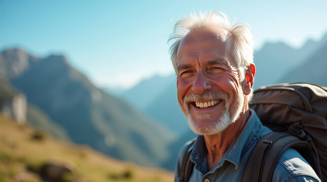 Close-up portrait of smiling senior man with backpack against mountain hills under soft light. Realistic natural tones highlight vitality and outdoor energy