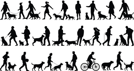 Obraz premium PrintDog walking silhouette, people with pets, outdoor activity, companionship, pet ownership, exercise routine, community lifestyle, animal care, friendship bond, leisure, fitness, 